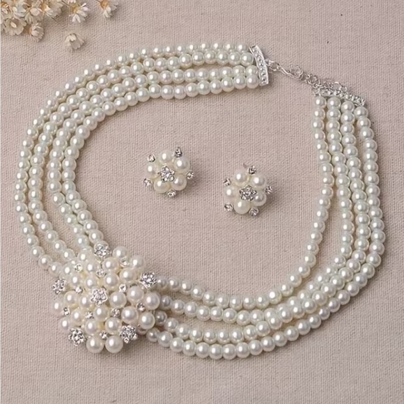 Elegant White Pearl Multi-Strand Necklace & Earrings Set- Fashion Jewelry - Picture 5 of 5